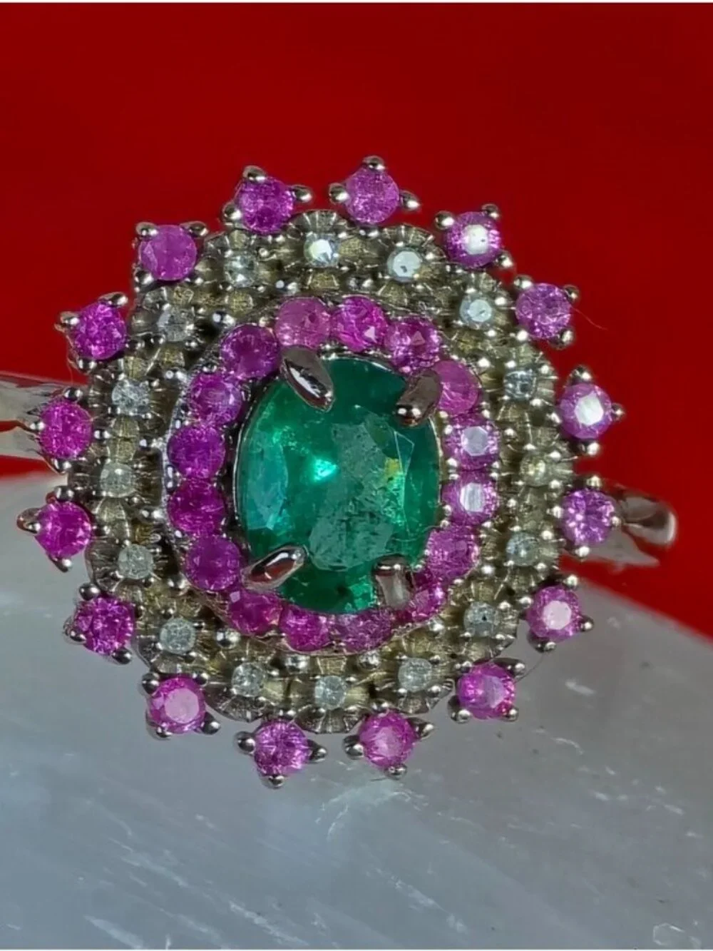 925 Sterling Silver Ring 7.5 with Natural Emerald Sapphires & Diamonds